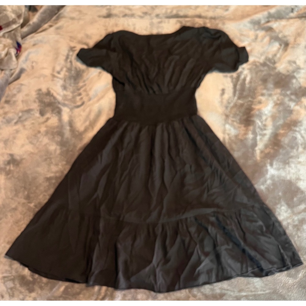 Hesperus Womens Black Smocked Waist Tiered Ruffle Fit and Flare Dress Large